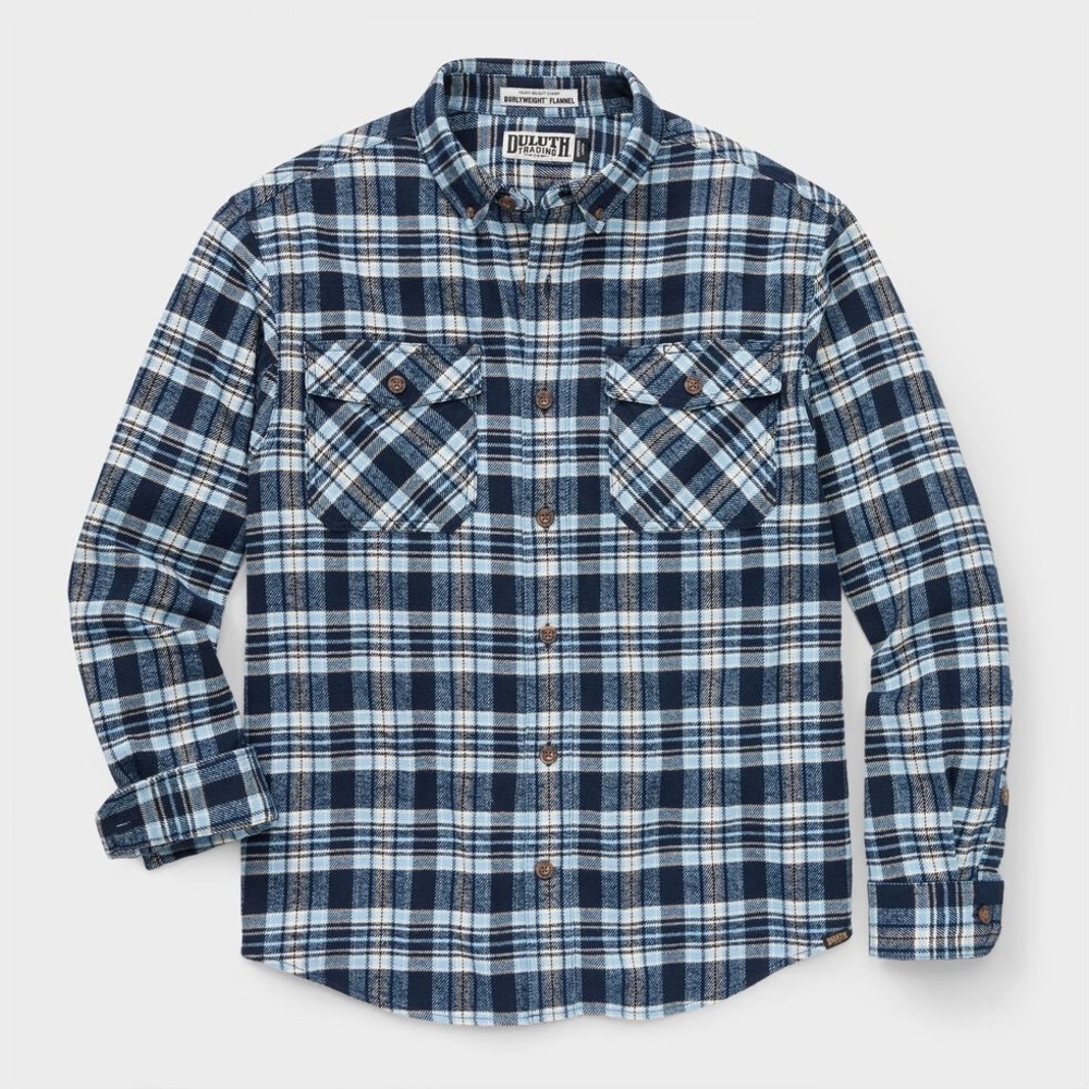 Duluth‎ Trading Co Burlyweight Flannel Shirt Mens L Blue Plaid Untucked Fit NWT